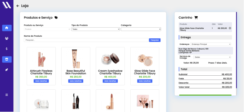 Tela de loja B2B interna com produtos, carrinho, entrega e valor total no sistema UZA